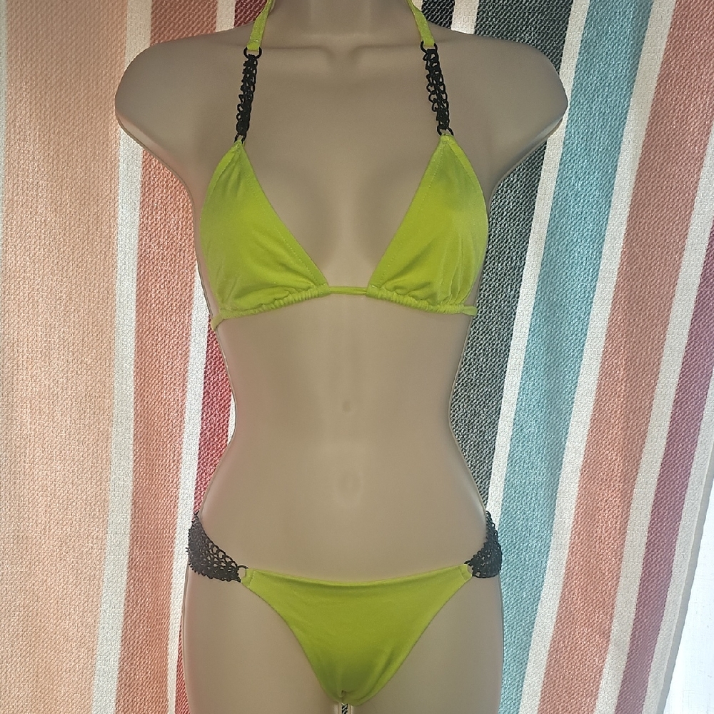 Lime Green Chain-Accent Triangle Bikini - Women Swim